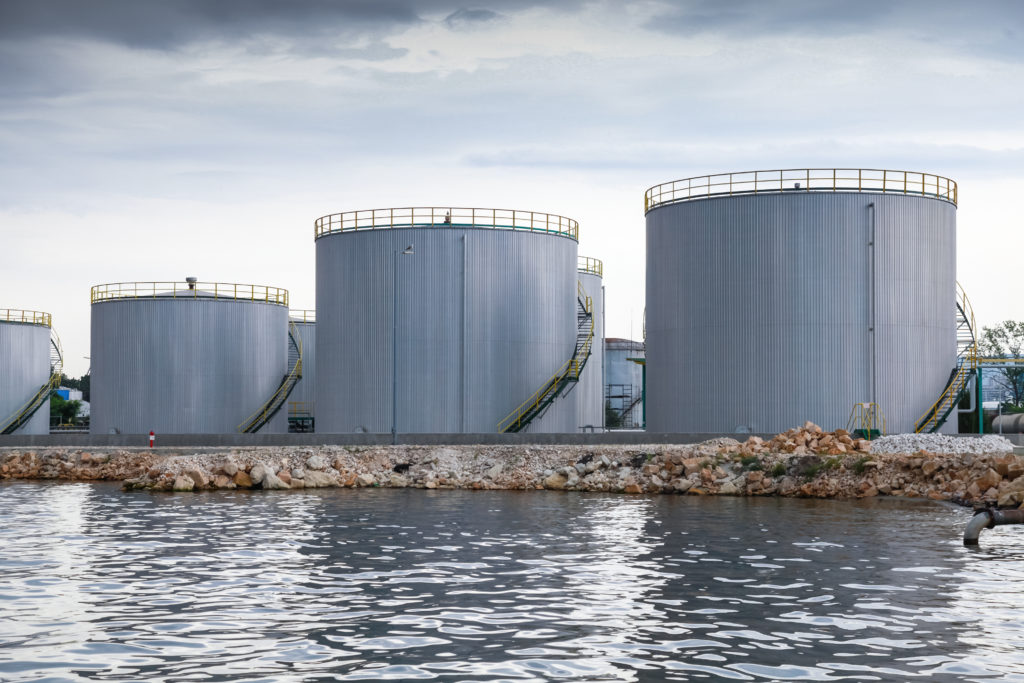 Shining oil tanks on Black sea coast in Varna port, Bulgaria